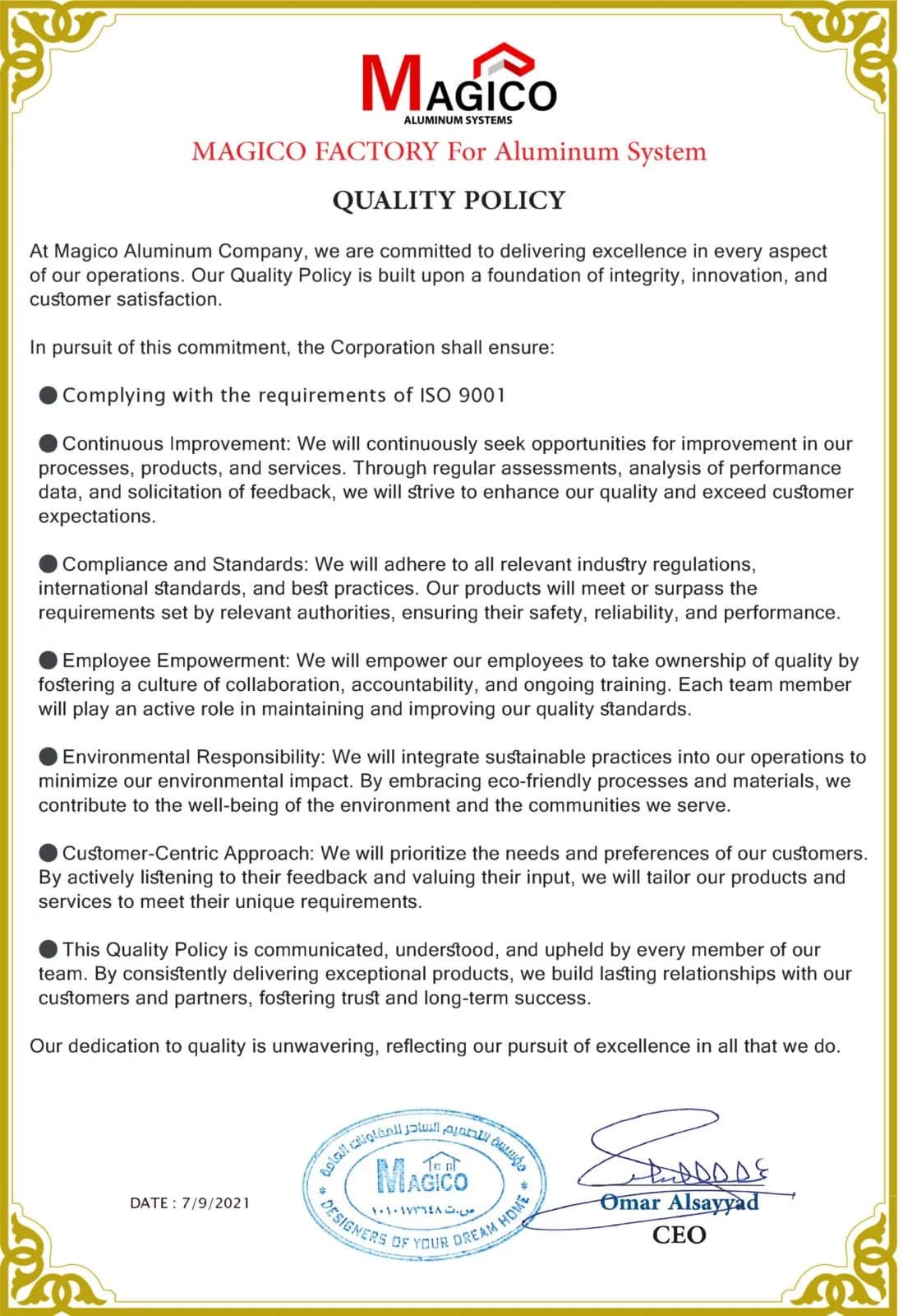 Quality Policy – ISO 9001