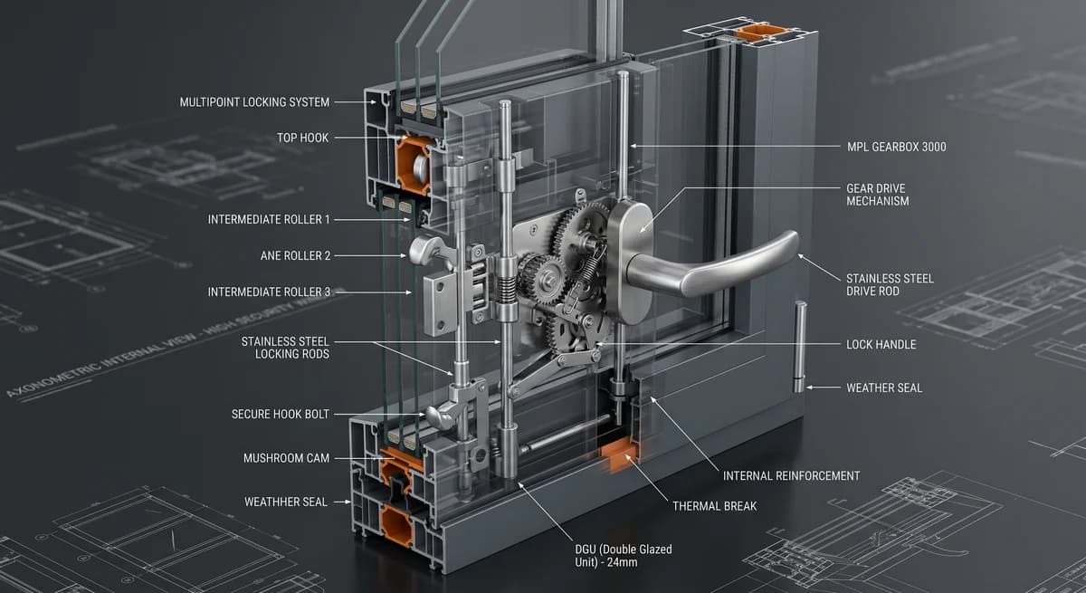 ميكانيكا أنظمة القفل متعدد النقاط في قطاعات الألمنيوم