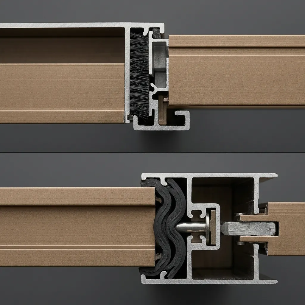 مقطع عرضي تقني يقارن آلية إغلاق شباك سحاب بفرشاة Brush Seal مقابل شباك مفصلي بكاوتش EPDM Compression Seal من ماجيكو