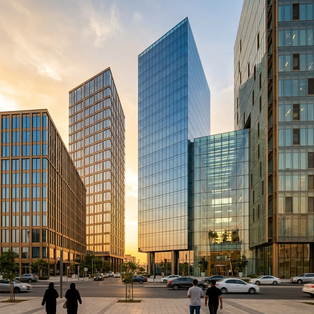 مقارنة بصرية بين خمسة أنظمة واجهات تجارية Stick Curtain Wall وUnitized وStructural Glazing وSpider Glass وDouble-Skin Facade على أبراج بالرياض