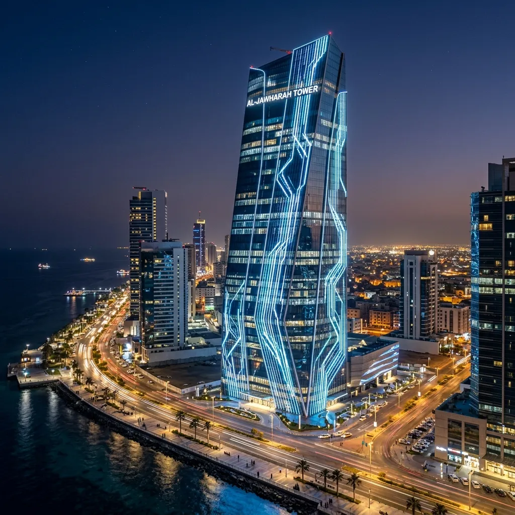 إضاءة LED مدمجة في واجهة زجاجية ليلاً على برج بالرياض بتقنية Media LED Facade مع شفافية النهار وعرض ديناميكي بالليل