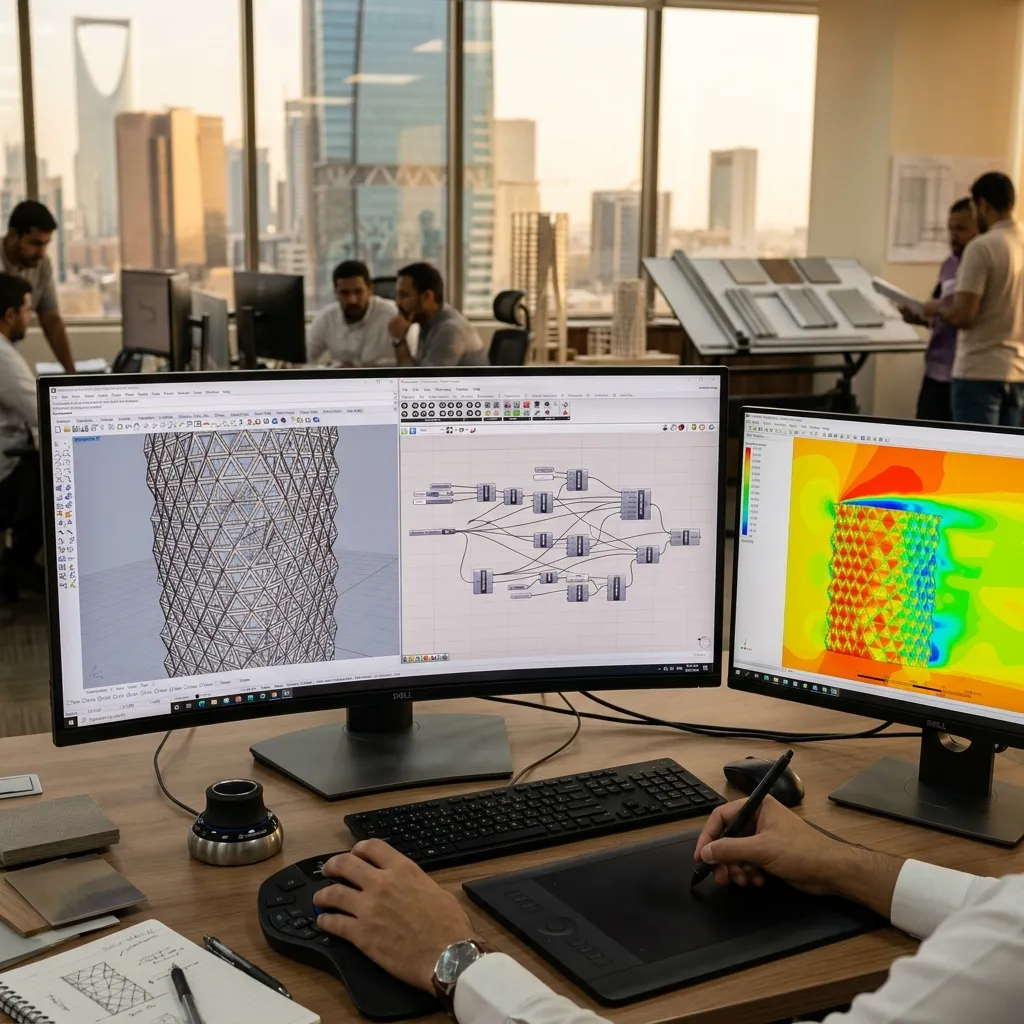 مهندس ماجيكو يستخدم برنامج Rhino وGrasshopper لتصميم كلادينج بارامتري ثلاثي الأبعاد لمشروع تجاري بالرياض مع محاكاة ضغط الرياح