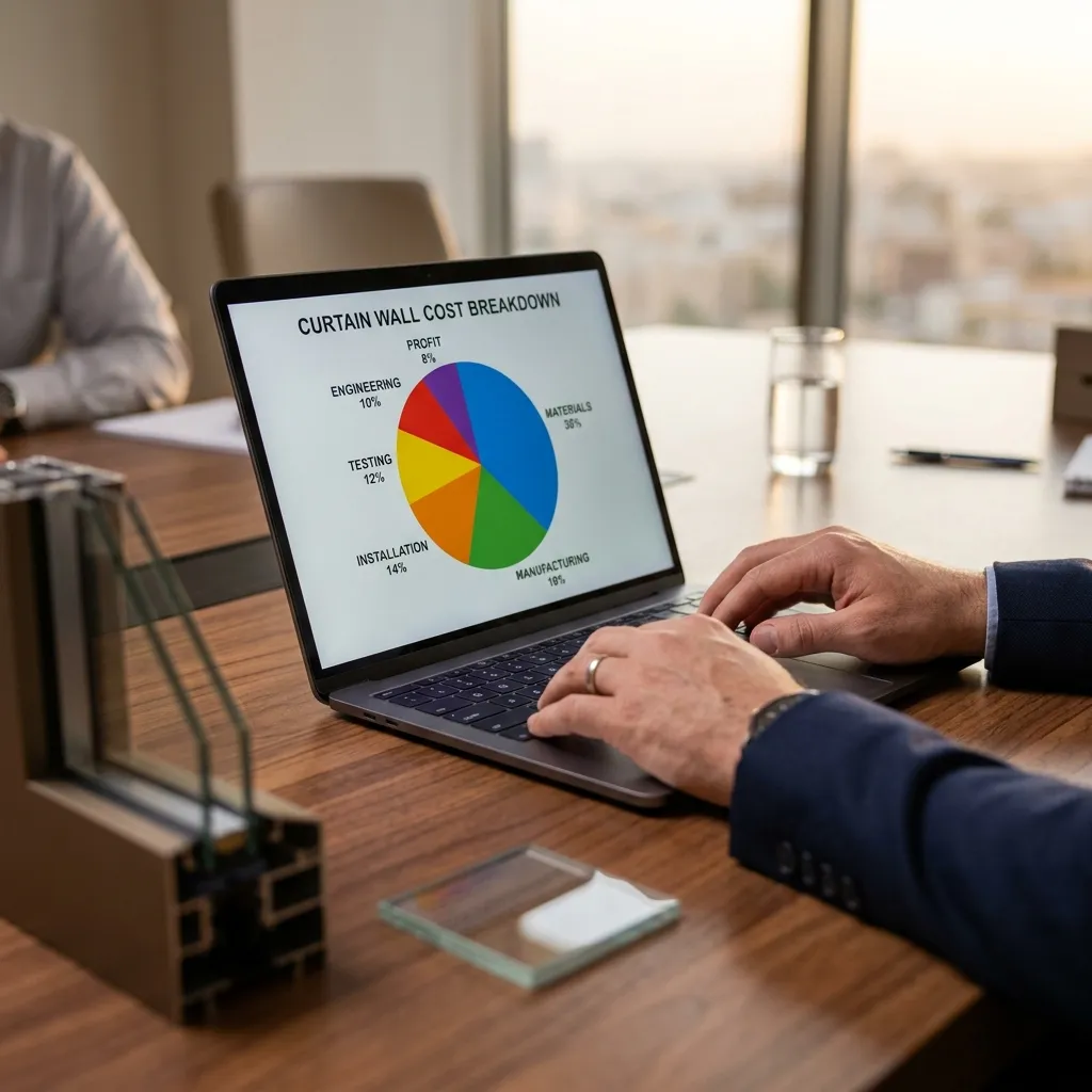 تفكيك تكلفة كرتن وول لبرج تجاري 2000 متر مربع بالرياض إلى 6 بنود رئيسية مواد وتصنيع وزجاج وتركيب واختبارات وأرباح