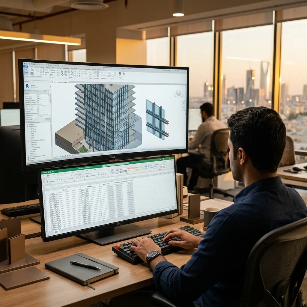 مهندس ماجيكو يستخدم برنامج Revit BIM لتصميم كرتن وول لبرج تجاري بالرياض مع حساب التكلفة التفصيلية لكل لوح