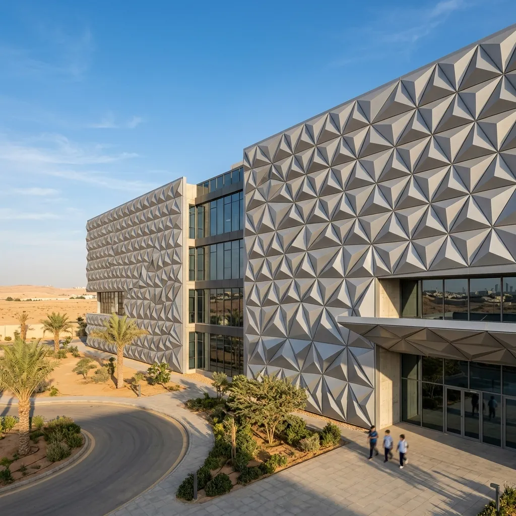 مشاريع وجهة خزام بالرياض: واجهات ألمنيوم هندسية ثلاثية الأبعاد لمدارس مسك بمعتمد NHC