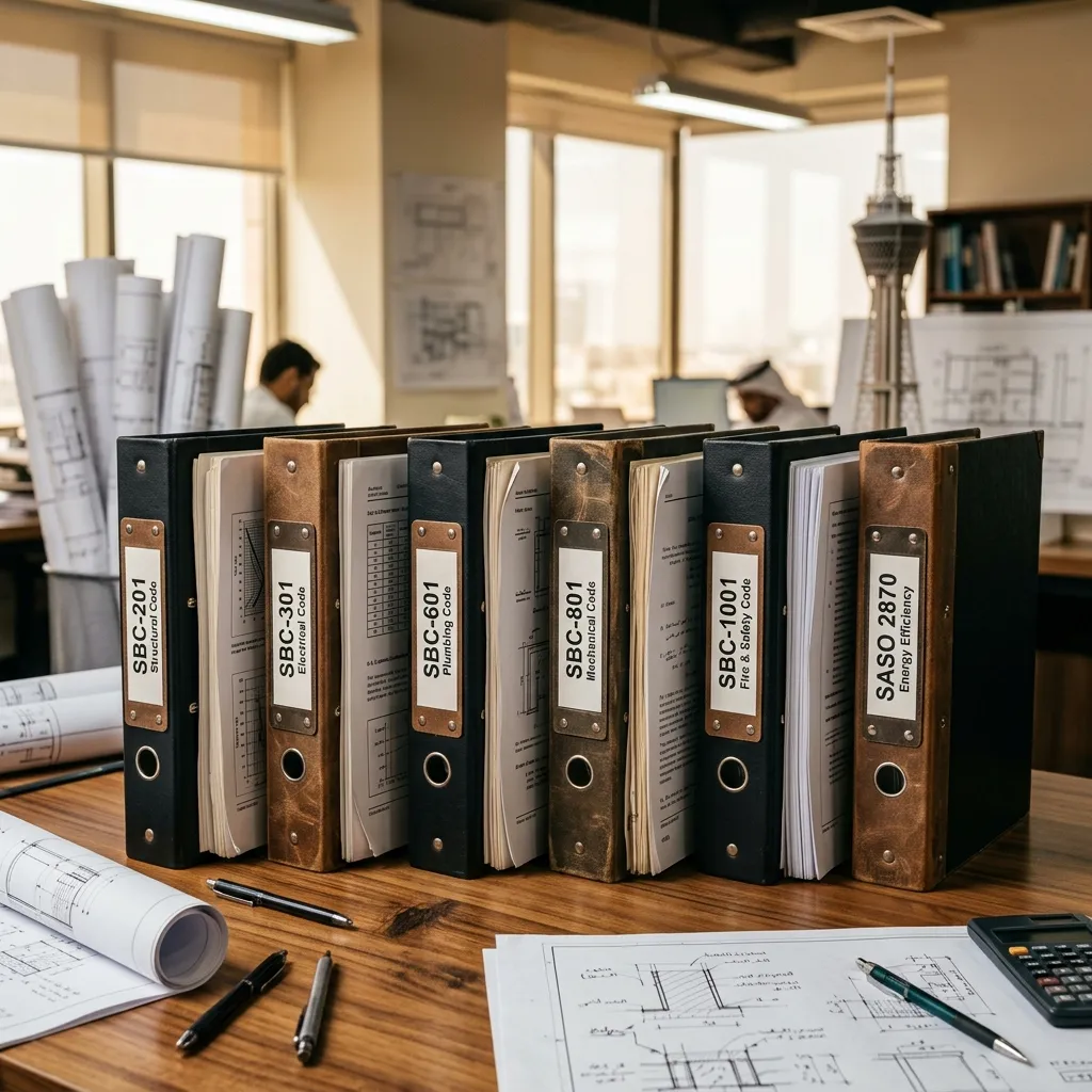 مخطط هندسي يعرض 6 أكواد البناء السعودية SBC الإلزامية للواجهات الزجاجية والألمنيوم 201 و301 و601 و801 و1001 وSASO 2870