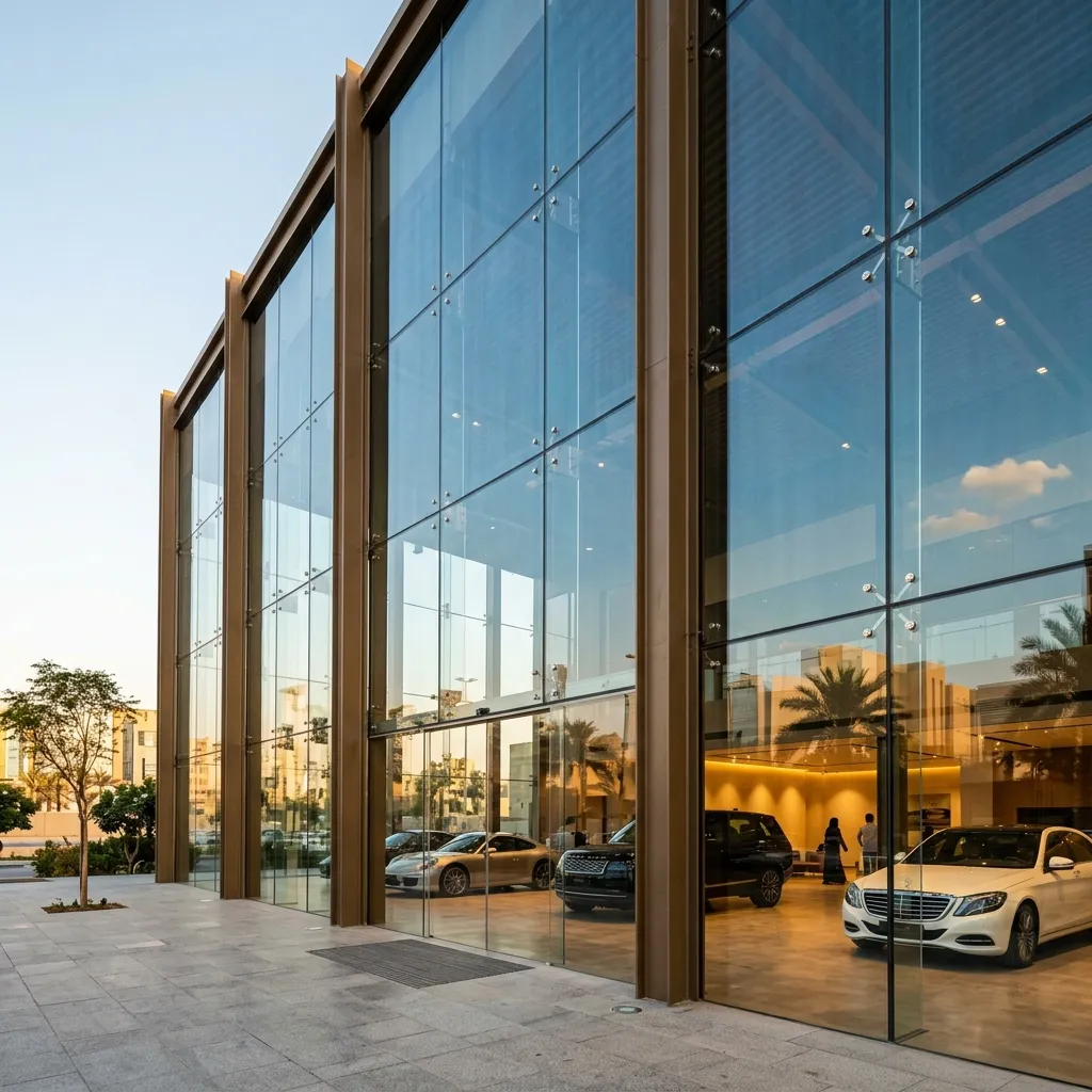 واجهة زجاجية ضخمة بارتفاع 12 متر مدعومة بأعمدة استيل I-Beams وSpider Glass System في صالة عرض بالرياض من تنفيذ ماجيكو