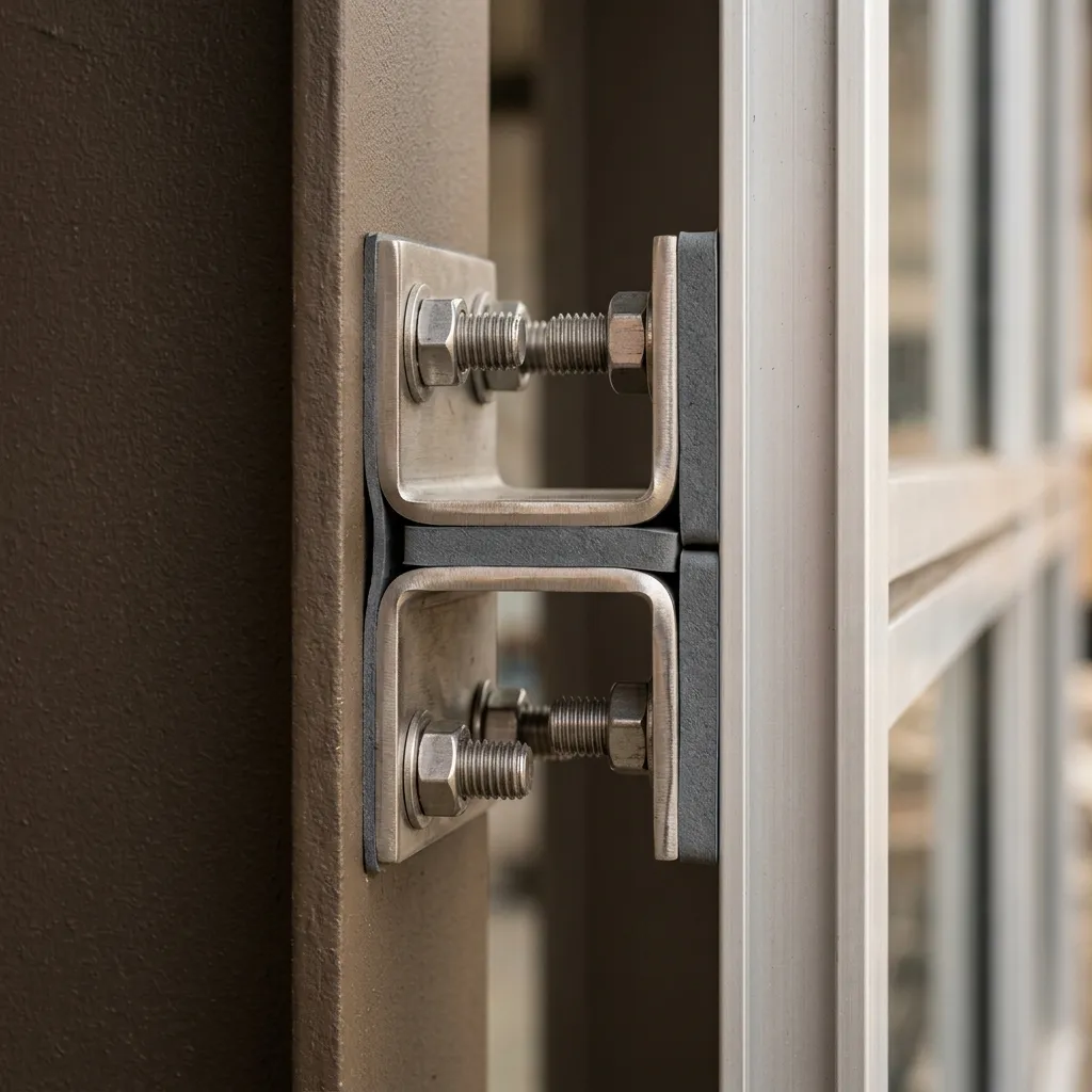 مقطع تفصيلي يُظهر اتصال Steel I-Beam بـ Curtain Wall ألمنيوم عبر Stainless Steel Brackets في مبنى تجاري بالرياض