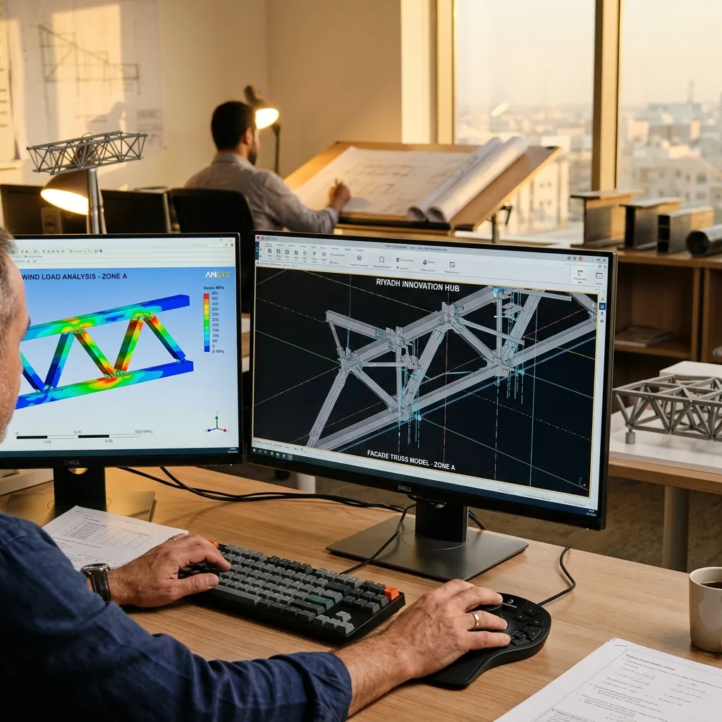 مهندس ماجيكو يستخدم برنامج Tekla Structures لتصميم Steel Trusses لمشروع واجهة زجاجية ضخمة بارتفاع 18 متر بالرياض