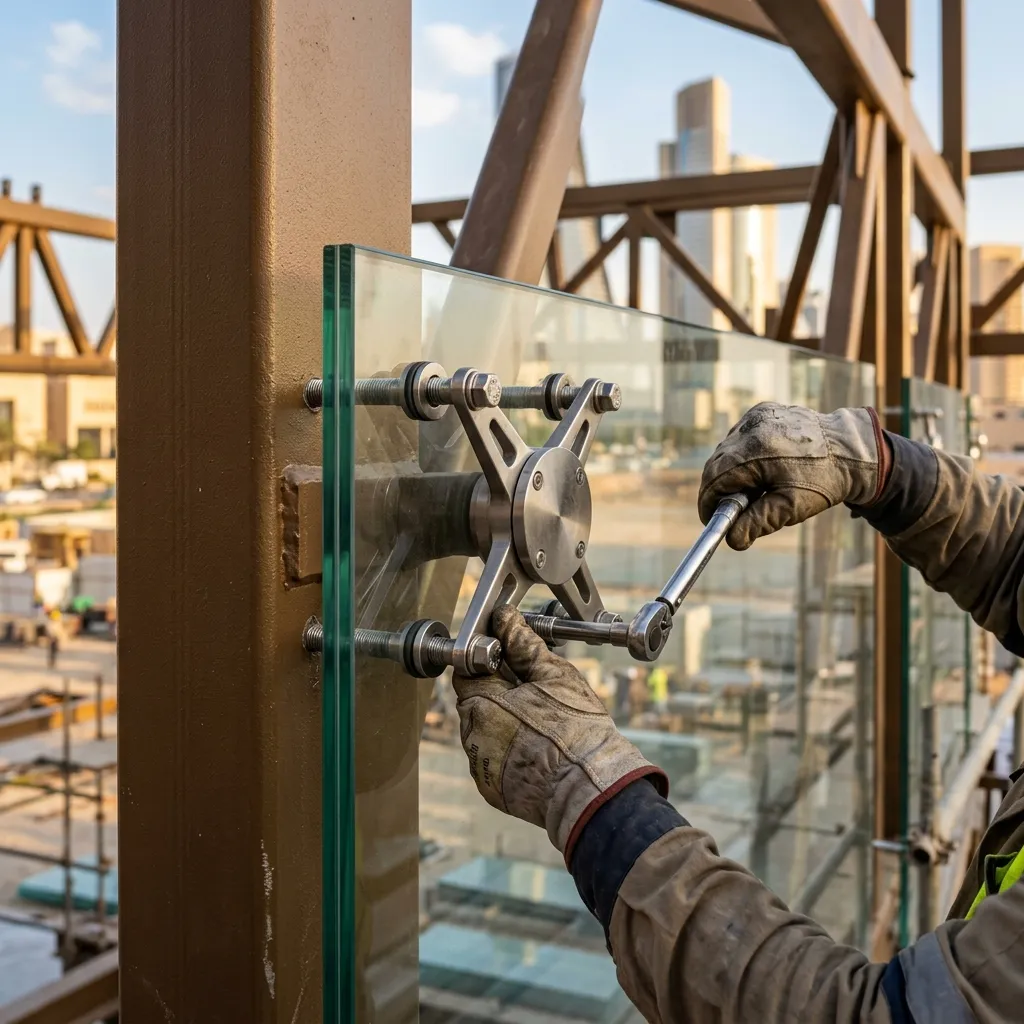 فنيي ماجيكو يُركّبون Spider Glass System Stainless Steel 316 brackets على Steel Trusses في صالة عرض بالرياض