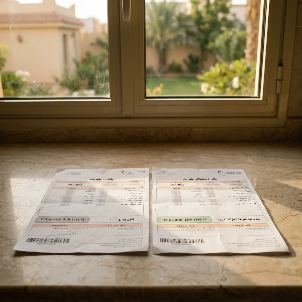 مقارنة فواتير SEC قبل وبعد تركيب ثيرمال بريك AluK في فيلا الرياض تظهر توفير 41.3 في المئة على الفاتورة الصيفية